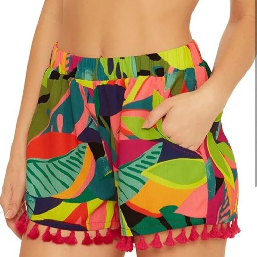 Trina Turk Rainforest Fringe Cover Up Shorts XS Pink Green Tropical‎
